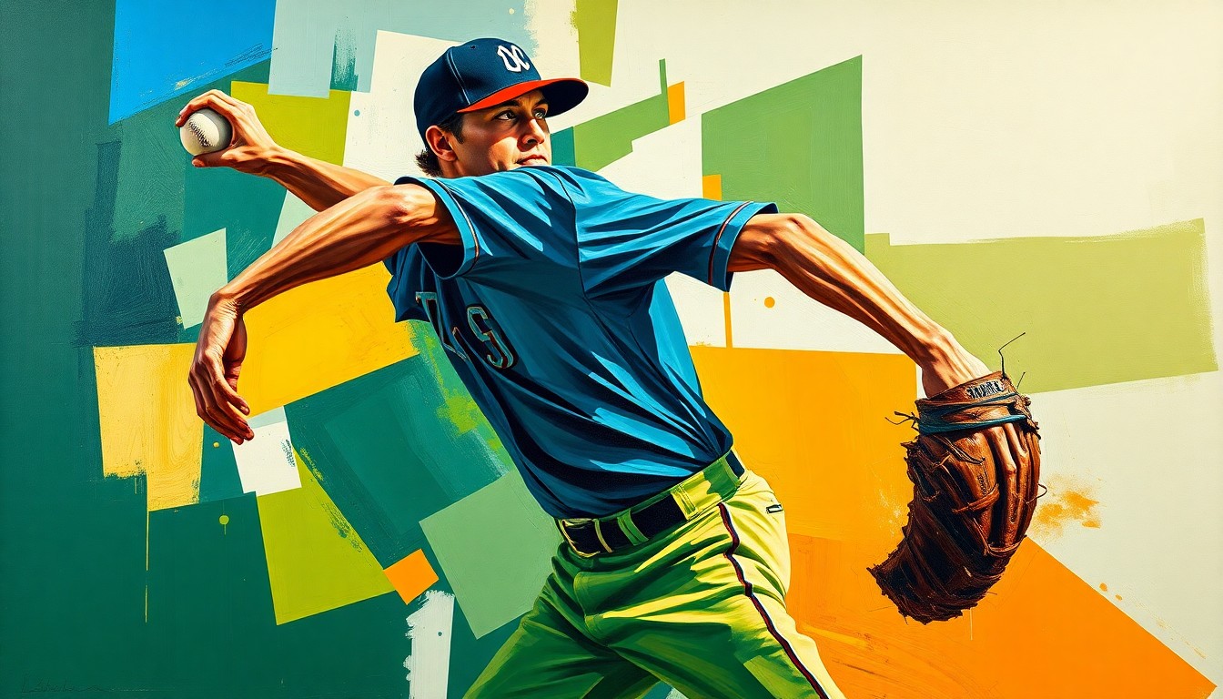 A cubist-style painting depicting a baseball pitcher's throwing motion broken down into overlapping geometric shapes and planes, using a vibrant color palette of navy, green, and orange to convey the fragmented nature of the Cubs' pitching staff.