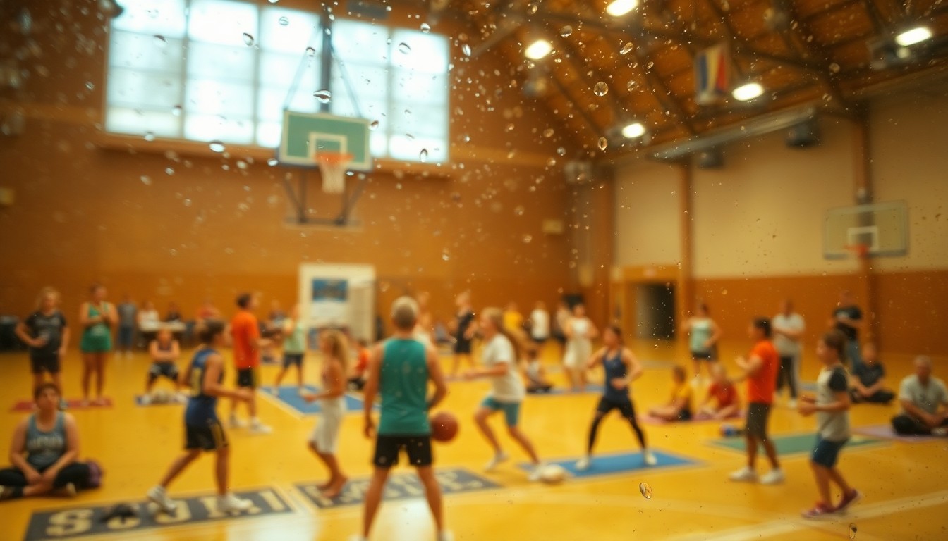 An abstract, impressionistic scene of blurred, colorful shapes and figures representing people engaged in indoor recreation, conveying a sense of community and active living.