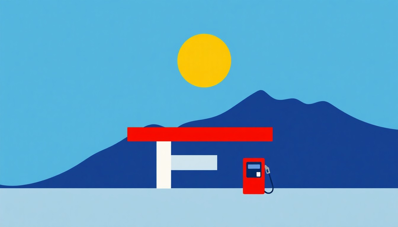 A geometric abstract illustration using bold shapes and primary colors to conceptually represent the rising cost of gasoline in Nevada.