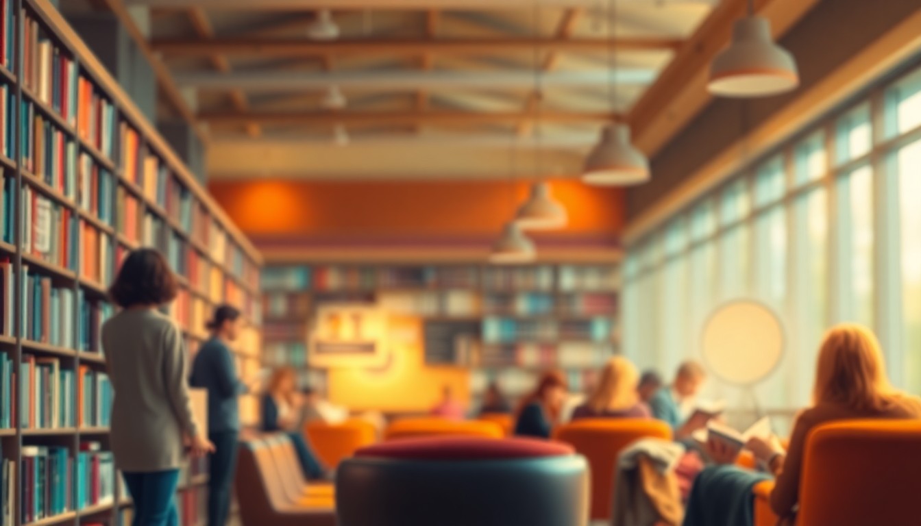 An abstract, impressionistic scene of people reading and browsing books in a public library, with soft, warm lighting and blurred, indistinct shapes creating a sense of peaceful contemplation.