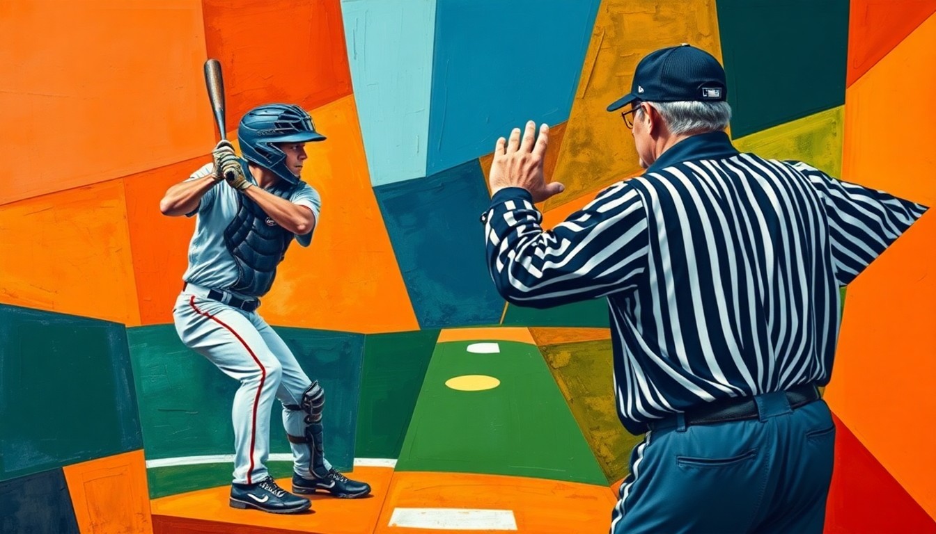A cubist, geometric painting depicting a fractured, multi-perspective scene of a baseball catcher framing a pitch and an umpire signaling a strike, with sharp overlapping planes in a palette of navy, green, and orange.