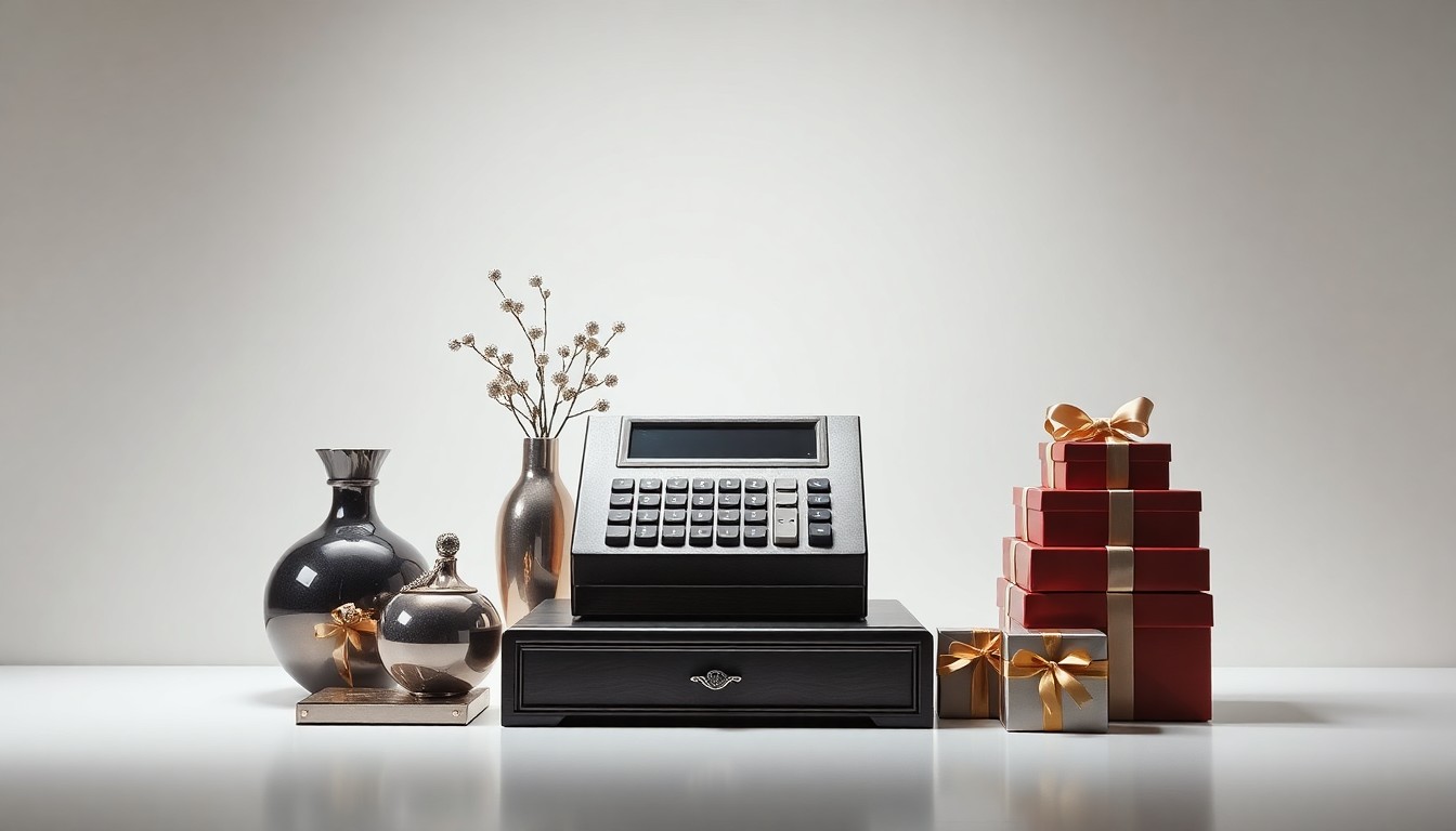 A high-end, photorealistic studio still-life featuring a collection of elegant, polished objects representing a successful small retail business, arranged on a clean, monochromatic background with dramatic lighting to symbolize the growth and impact of a local enterprise.