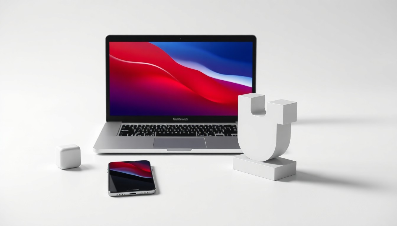 A minimalist studio still life photograph featuring a laptop computer, smartphone, and abstract social media icon sculpture, all arranged elegantly on a clean white background with dramatic lighting and shadows, conceptually representing the data-driven world of social media management software.