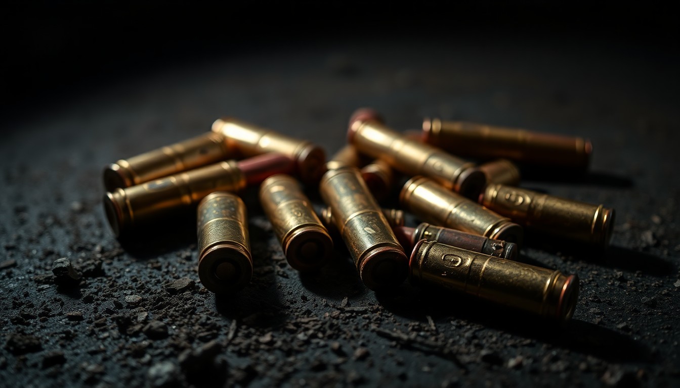An extreme close-up of several metallic bullet casings on a dark, textured surface, dramatically lit by a harsh camera flash to create a stark, gritty visual representation of the gun violence incident.