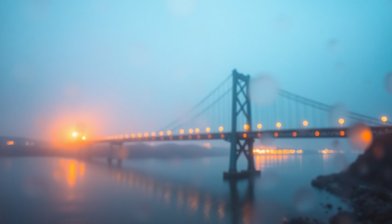 An impressionistic, blurred photograph showing the silhouette of a suspension bridge over a river at dusk, with warm pools of amber and blue light reflecting off the water, creating a dreamlike, atmospheric scene.