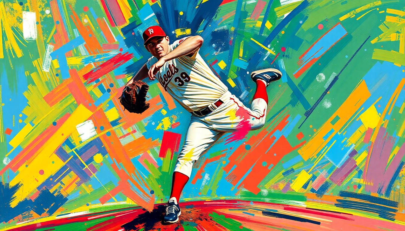 An abstract, expressionist painting in vibrant neon colors depicting the dynamic motion and energy of a baseball pitcher on the mound, capturing the raw athleticism of the sport.