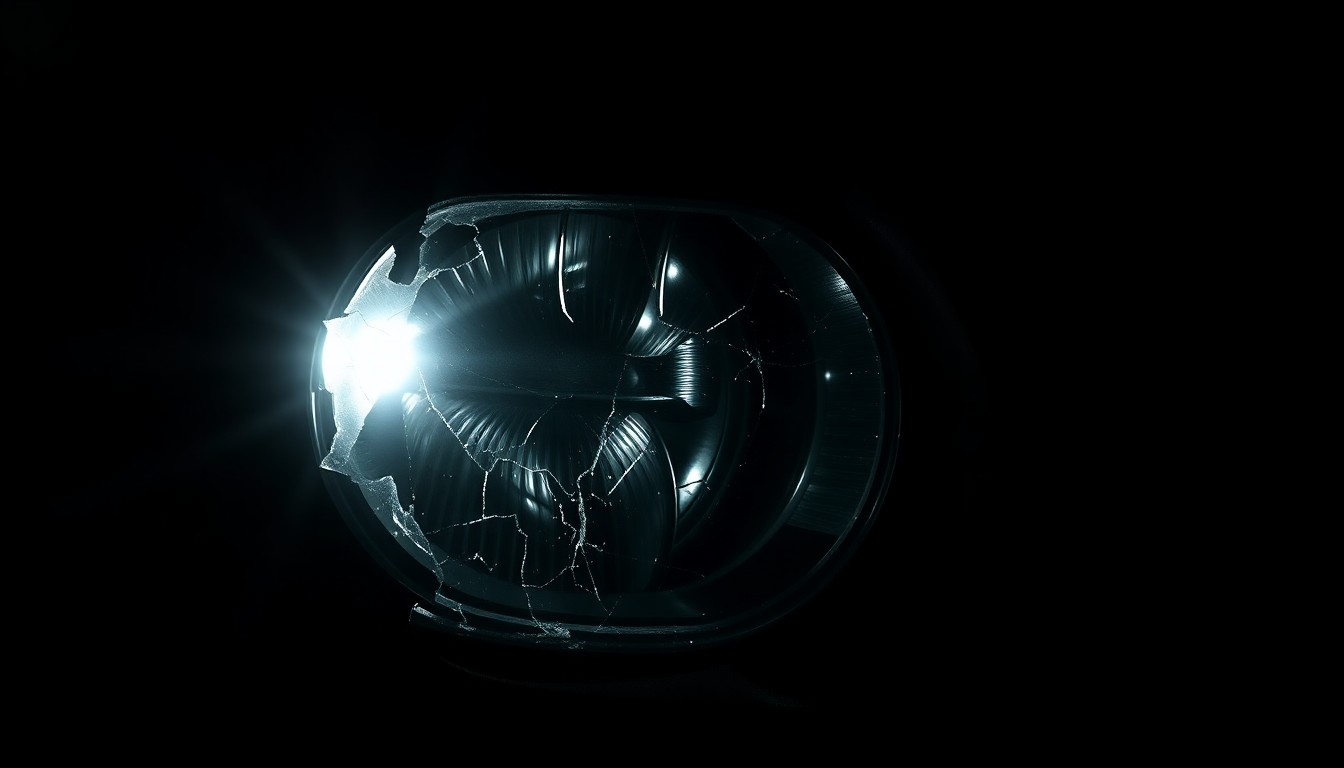 An extreme close-up of a shattered Jeep headlight lens reflecting a bright flash of light, conceptually illustrating the violence and disruption caused by the two-vehicle crash.