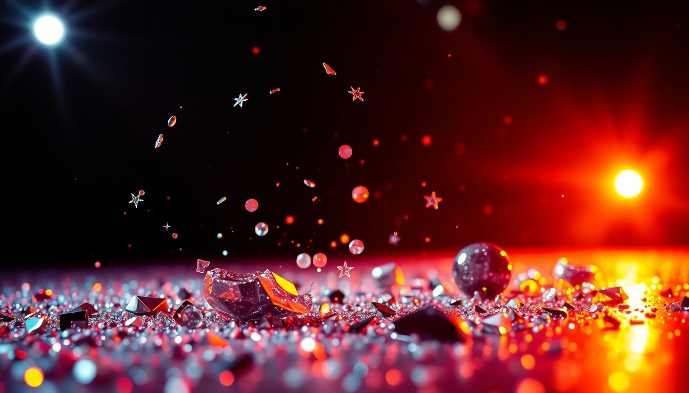 An extreme close-up of sparkling sequins and shattered glass reflecting dramatic studio lighting, conveying the glamour and excitement of a major musical event.