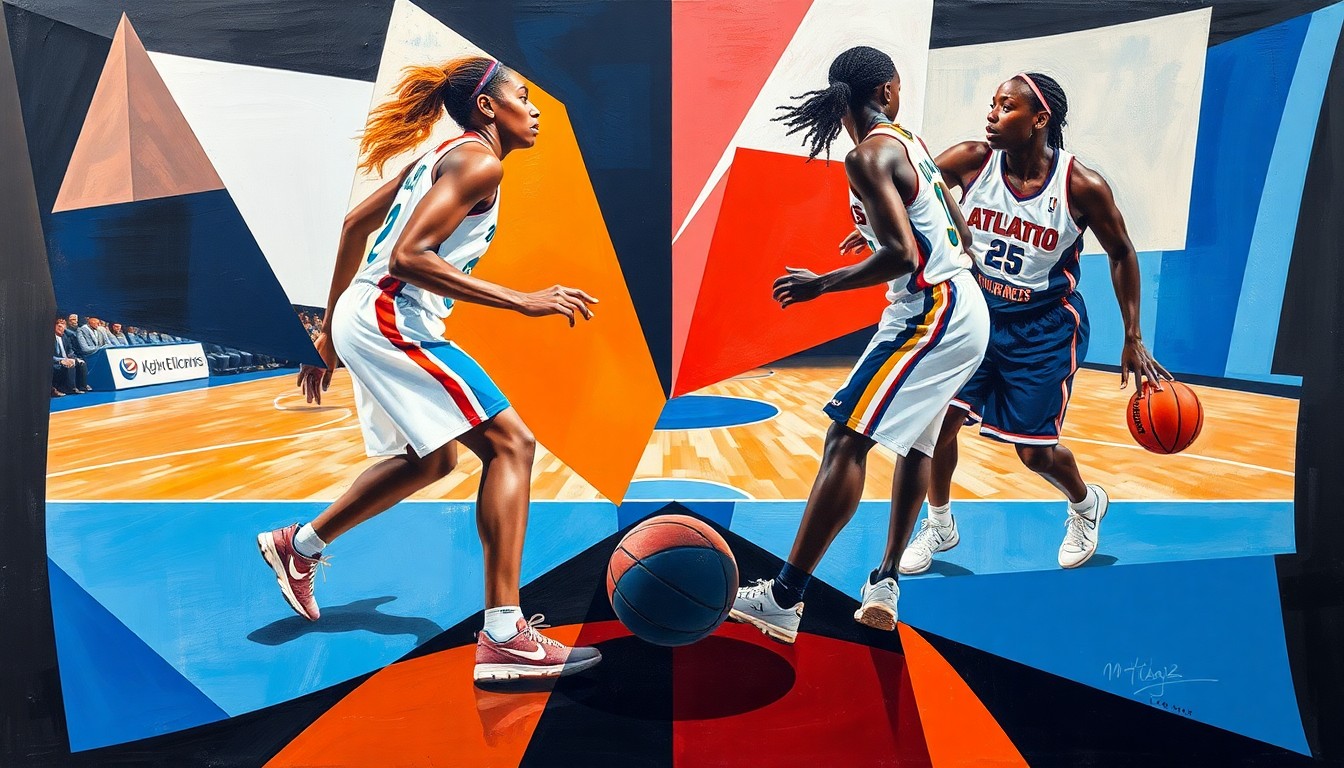 A cubist, geometric painting depicting the fragmented forms of WNBA players in motion, with the court and ball also broken down into abstract shapes and planes in the official colors of the Chicago Sky and Atlanta Dream.