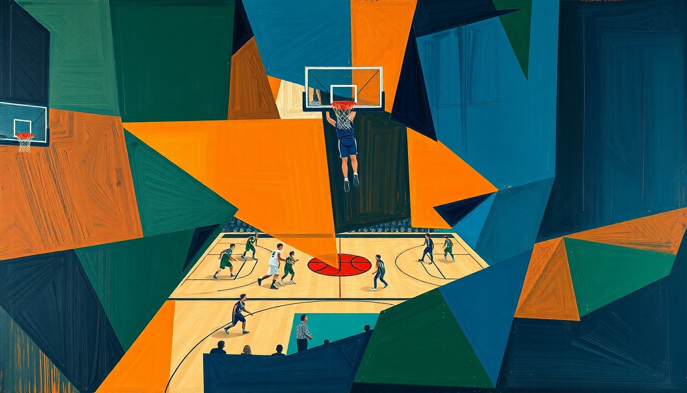 A cubist-style painting depicting a high school basketball game, with the players and court broken down into sharp, overlapping geometric shapes in a palette of navy, green, and orange, conveying the dynamic energy and competitive spirit of the sport.
