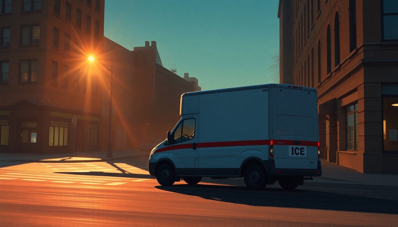 A photorealistic painting of an ICE vehicle parked on a city street, with warm sunlight casting long shadows across the pavement and buildings. The scene has a contemplative, cinematic mood that evokes the complex issues surrounding immigration enforcement.