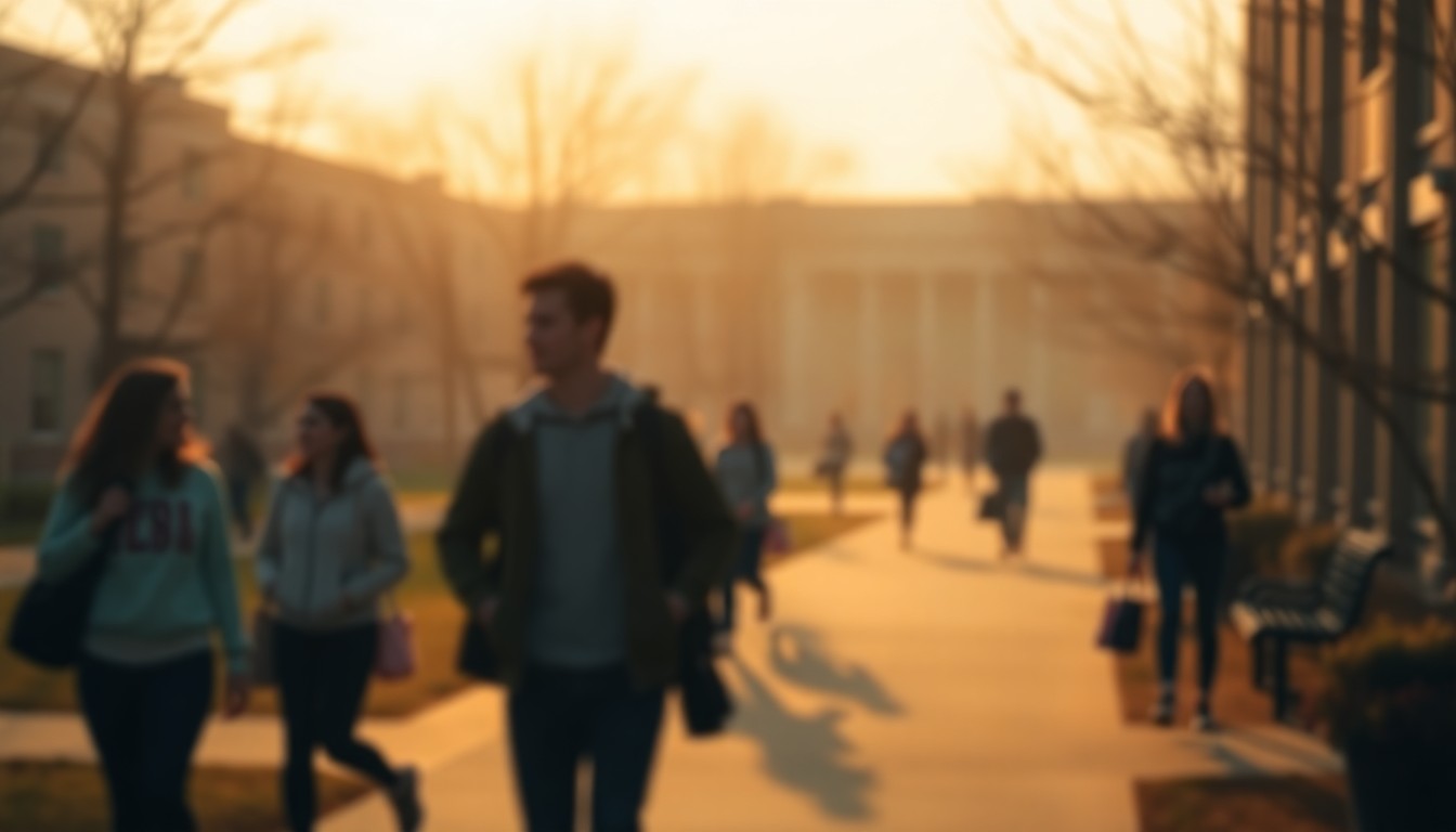 An out-of-focus, dreamlike scene of a community college campus, with blurred figures moving through pools of warm, hazy light, conceptually representing the collaborative and inclusive leadership style that earned Dr. Young this prestigious award.