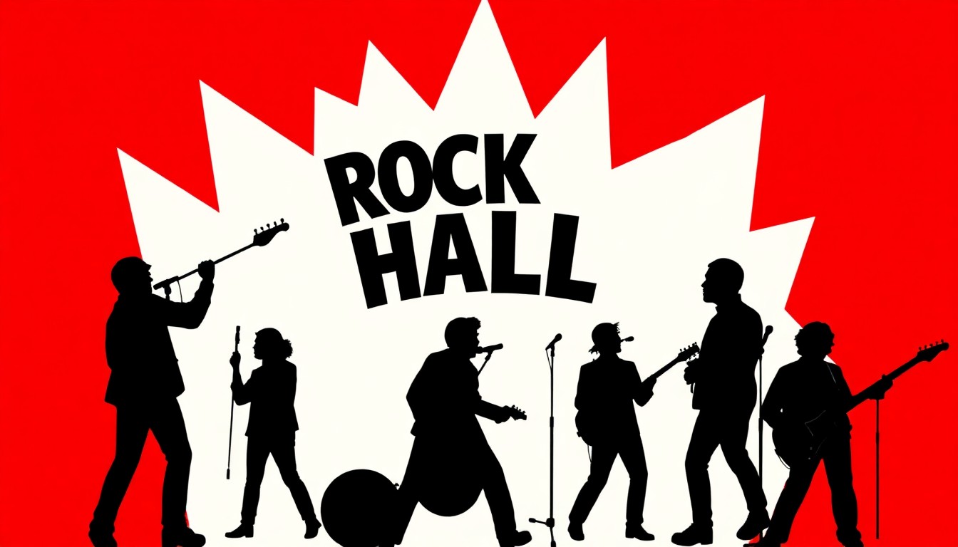 A striking, abstract illustration featuring bold, jagged geometric shapes in high-contrast red and black, conceptually representing the diverse array of music acts nominated for the 2026 Rock & Roll Hall of Fame.