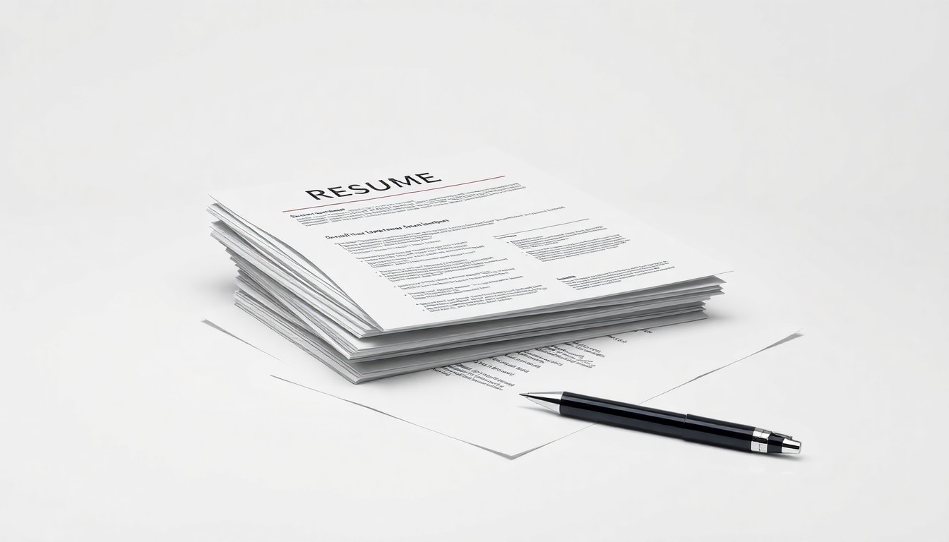 A photorealistic studio still-life featuring a stack of resumes and a pen on a clean, monochromatic background, symbolizing the challenges recent graduates face in securing employment opportunities.