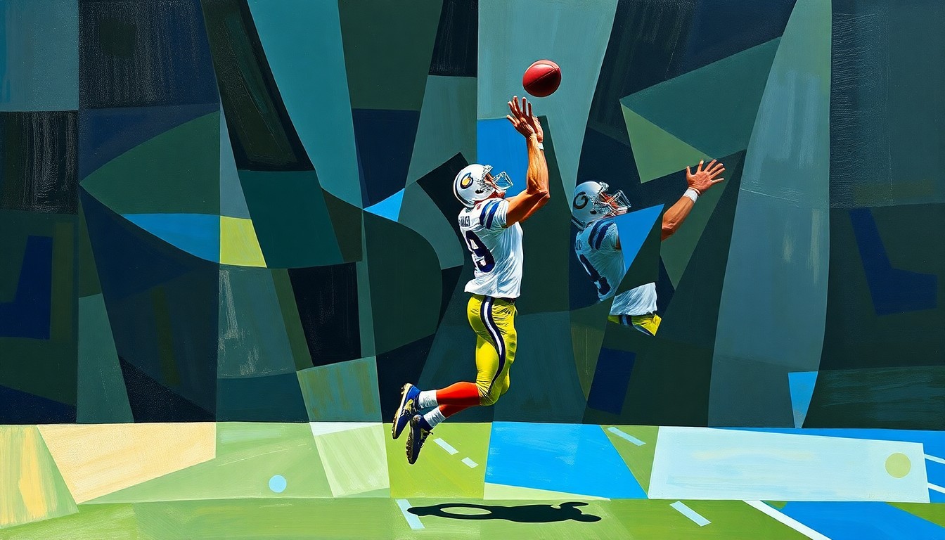 A cubist-style painting featuring fragmented, overlapping geometric shapes in shades of green, blue, and gold, representing the dynamic action of a football player making a catch, without any identifiable figures or text.