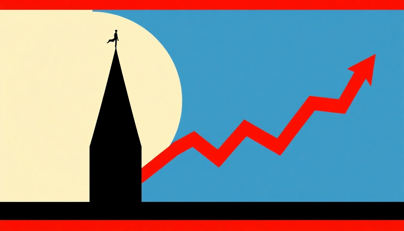 A geometric abstract illustration using bold shapes and primary colors to conceptually represent the economic forces of inflation and interest rates that the Federal Reserve is grappling with.