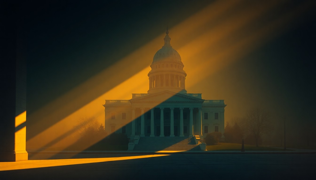 A dimly lit, cinematic painting of a government office or political building, with warm sunlight streaming through the windows and deep shadows cast across the scene, conveying a sense of unease and uncertainty surrounding the DOJ's civil rights leadership.