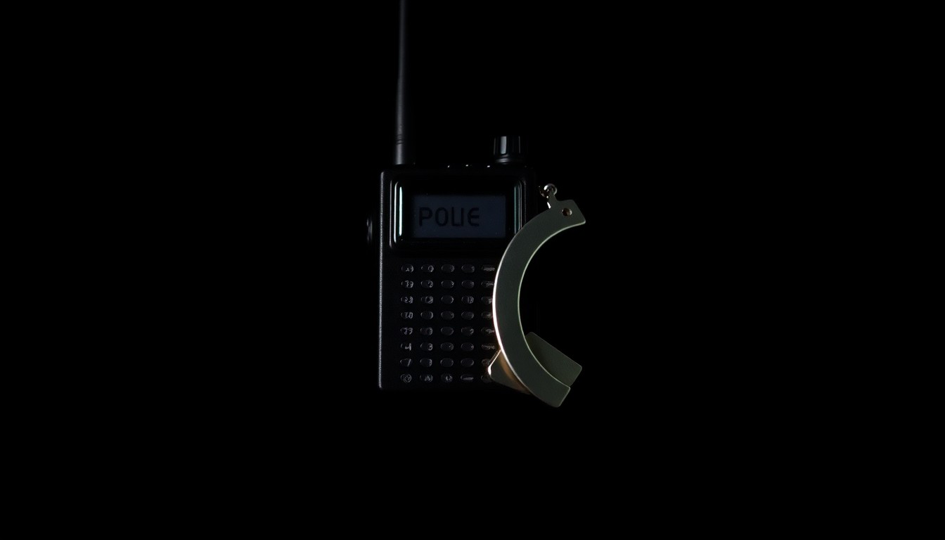 An extreme close-up of a police radio or handcuffs against a pitch-black background, lit by a harsh, direct camera flash, conveying the serious, investigative nature of the incident.