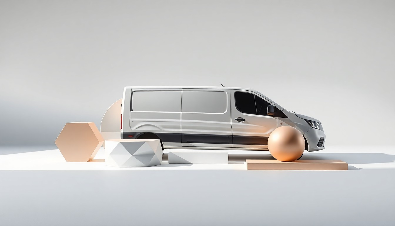 A high-end, photorealistic studio still-life photograph featuring a set of polished, geometric shapes and materials in a clean, minimalist composition, conceptually representing the impact of commercial vehicle wraps on local brand visibility.
