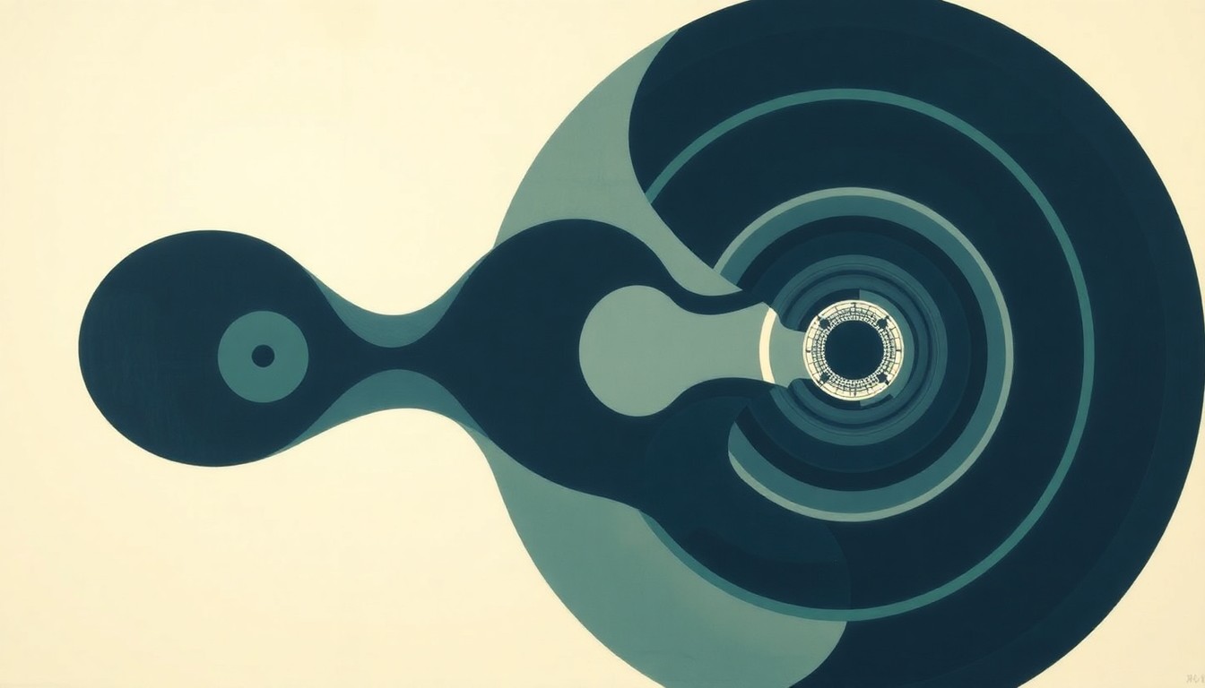 A highly structured abstract painting in muted tones of navy, green, and grey, featuring sweeping geometric arcs, concentric circular forms, and precise mechanical spirals, conceptually representing the complex engineering and underwater forces involved in deep sea submarine rescue operations.