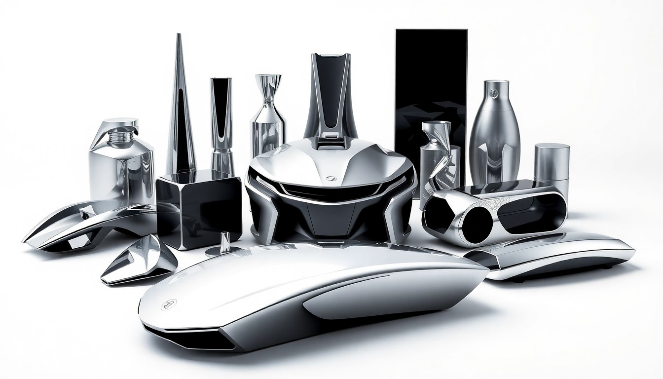 A minimalist studio still life featuring a collection of abstract, metallic objects arranged elegantly on a clean white background, conceptually representing the changing corporate presence in downtown Detroit.