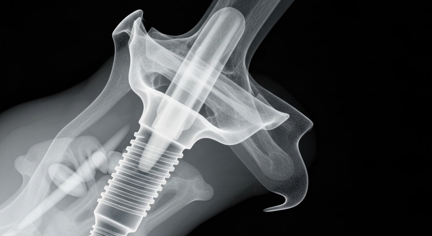 A translucent X-ray photograph revealing the intricate internal structure of a dental implant device, conceptually illustrating the advanced imaging capabilities that support Piney Point Oral and Maxillofacial Surgery's precise and efficient treatments.