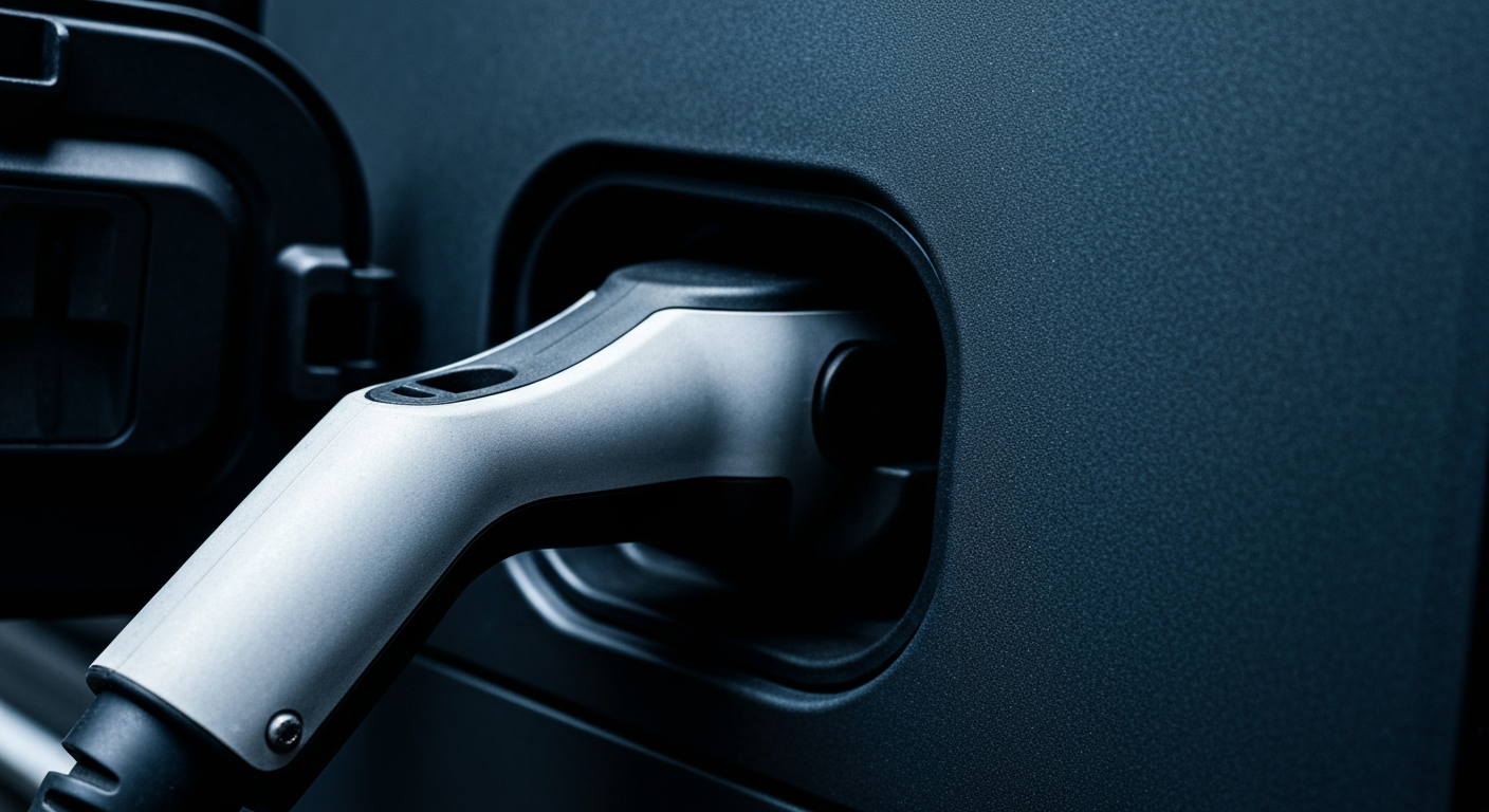 An extreme close-up of the textured, metallic surface of an electric vehicle charging port, rendered in dramatic, high-contrast lighting that highlights the intricate engineering and materials of the charging interface.