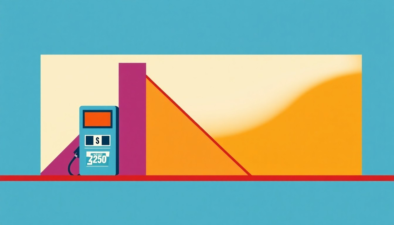 A minimalist illustration using bold geometric shapes and primary colors to depict a declining graph or chart, conceptually representing a slight drop in gas prices in Oklahoma City.