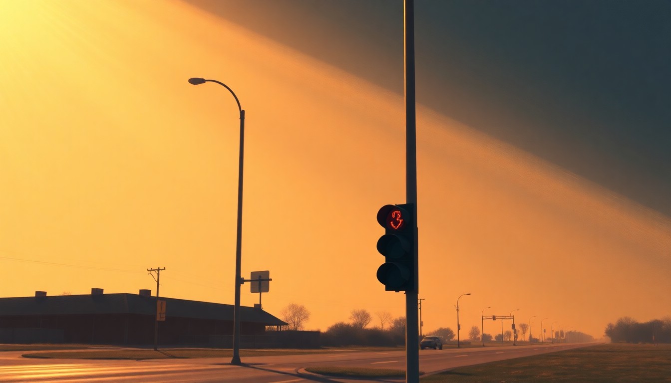 A serene, photorealistic painting of a single street lamp or traffic signal on a quiet Moore, Oklahoma street, with warm sunlight and deep shadows creating a contemplative, nostalgic mood.