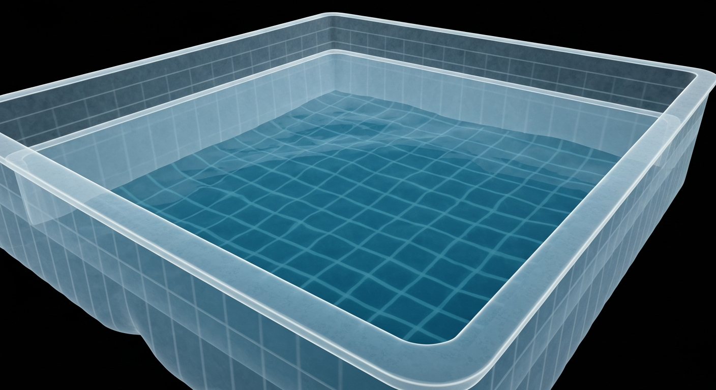 A ghostly, translucent X-ray image revealing the internal structure of a floating pool, with glowing lines representing the complex filtration system designed to purify the East River water.