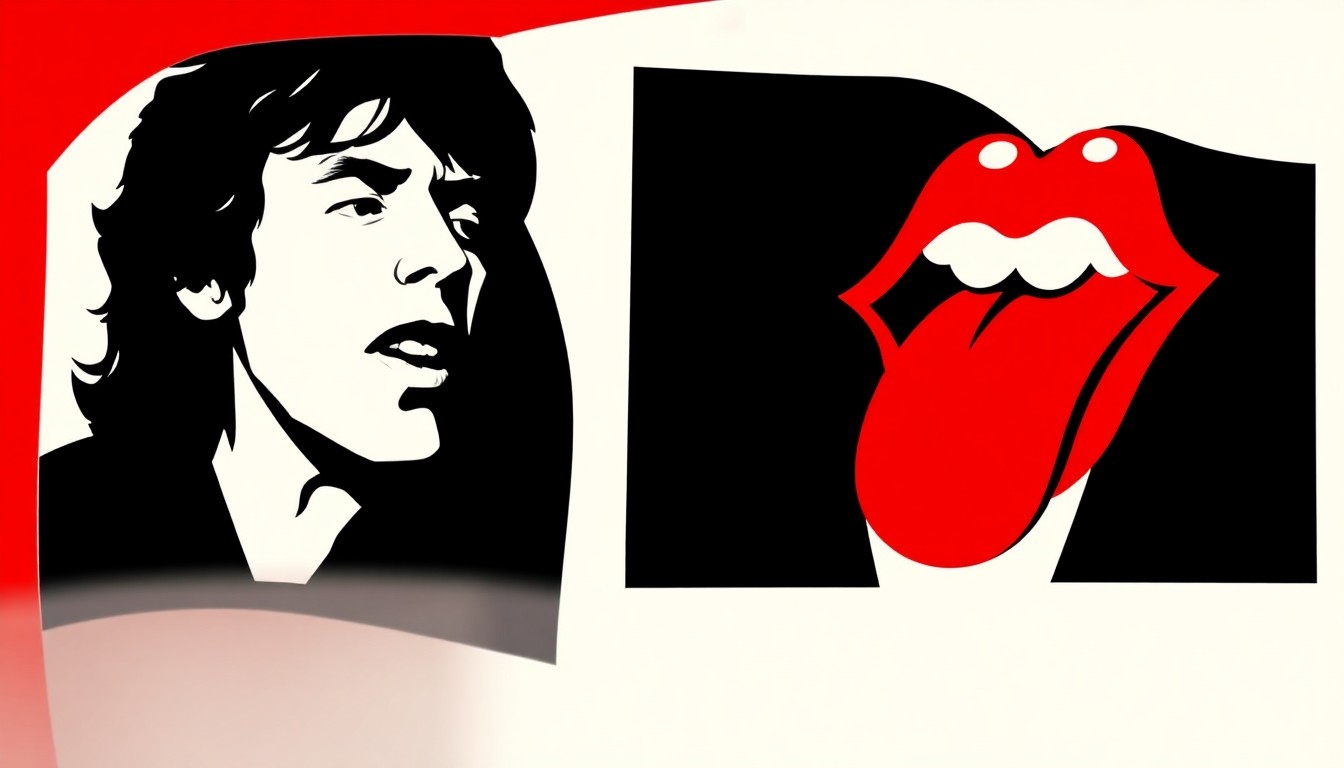 An abstract illustration featuring stark black silhouettes of two figures in confrontation, set against a high-contrast background of bold red and white geometric shapes, conceptually representing the feud between Mick Jagger and Keith Richards of The Rolling Stones.