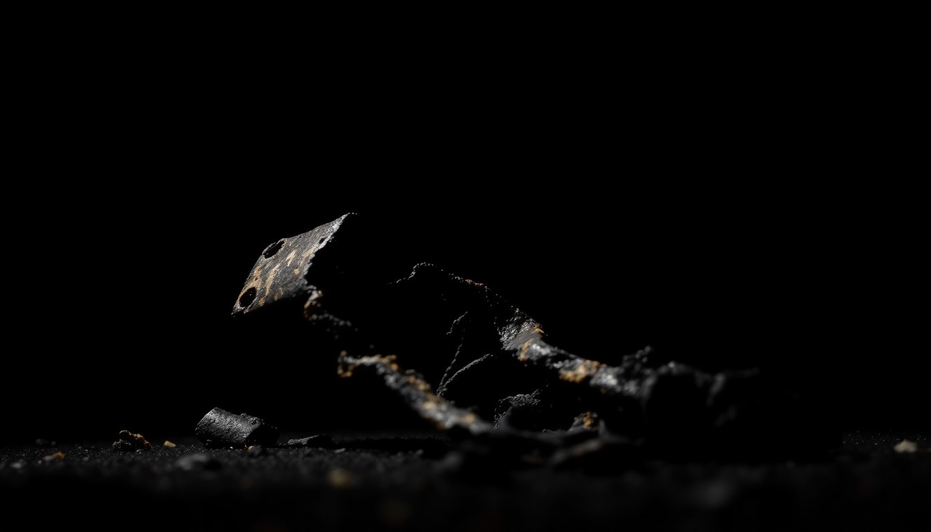 An extreme close-up photograph of charred, twisted metal from the remains of a burned RV, conveying the gritty, investigative nature of the crime scene.