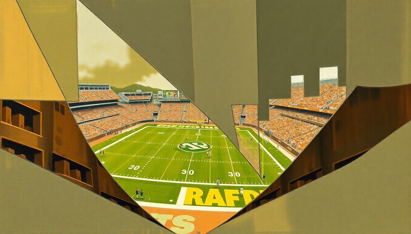 A cubist, geometric painting depicting fragmented, overlapping shapes in muted earth tones, representing the strategic roster changes made by an NFL team in the lead-up to the draft.