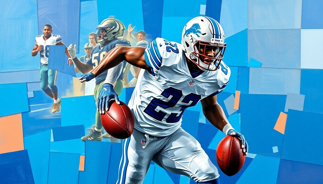 A cubist, geometric painting depicting a football player in motion, broken down into overlapping planes of blue, silver, and pewter colors.