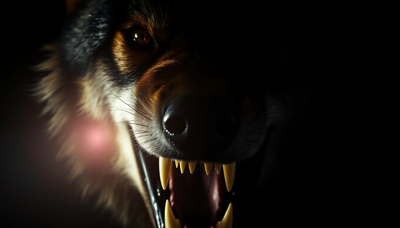 An extreme close-up photograph of a wolf's sharp teeth and jaws, lit by a harsh, direct camera flash against a pitch-black background, creating a stark, gritty, investigative aesthetic of the animal's power and the potential dangers at zoos.
