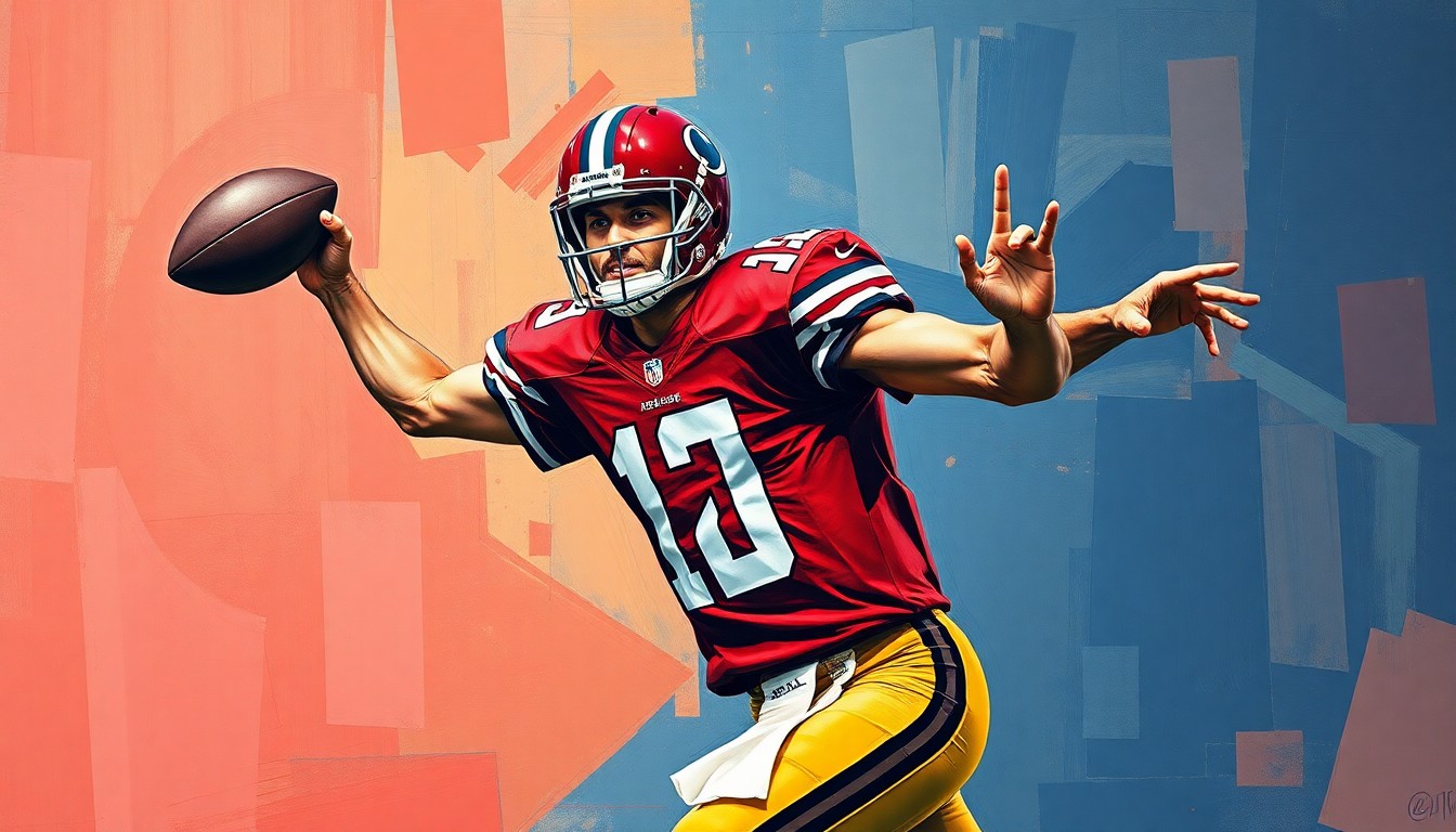 A fractured, geometric painting depicting a quarterback's throwing motion in overlapping planes of crimson, navy, and gold, conveying the dynamic potential of Ty Simpson's NFL Draft prospects.