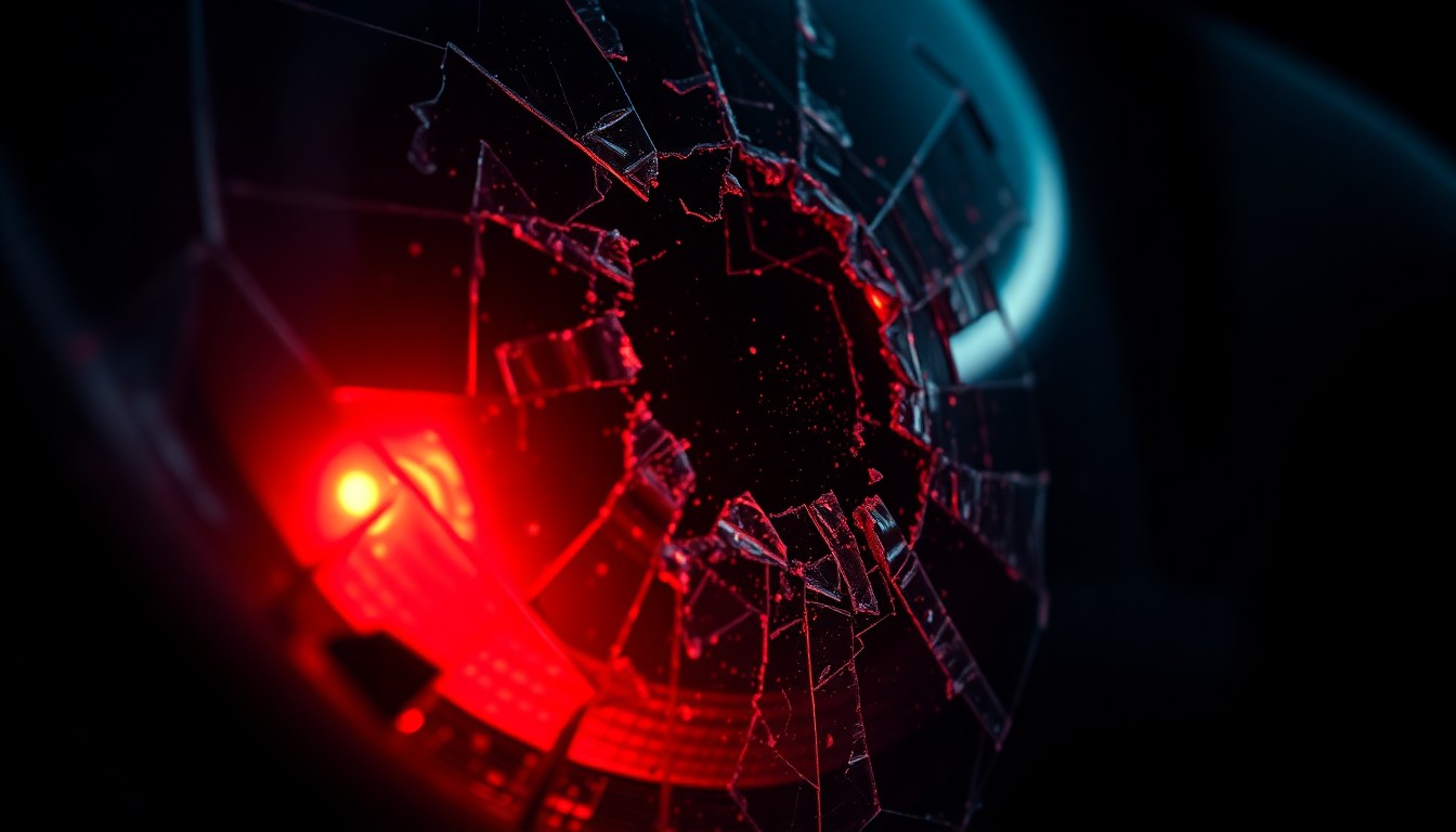 An extreme close-up of a shattered car sensor lens reflecting a faint red light, conceptually illustrating the aftermath of a violent encounter.