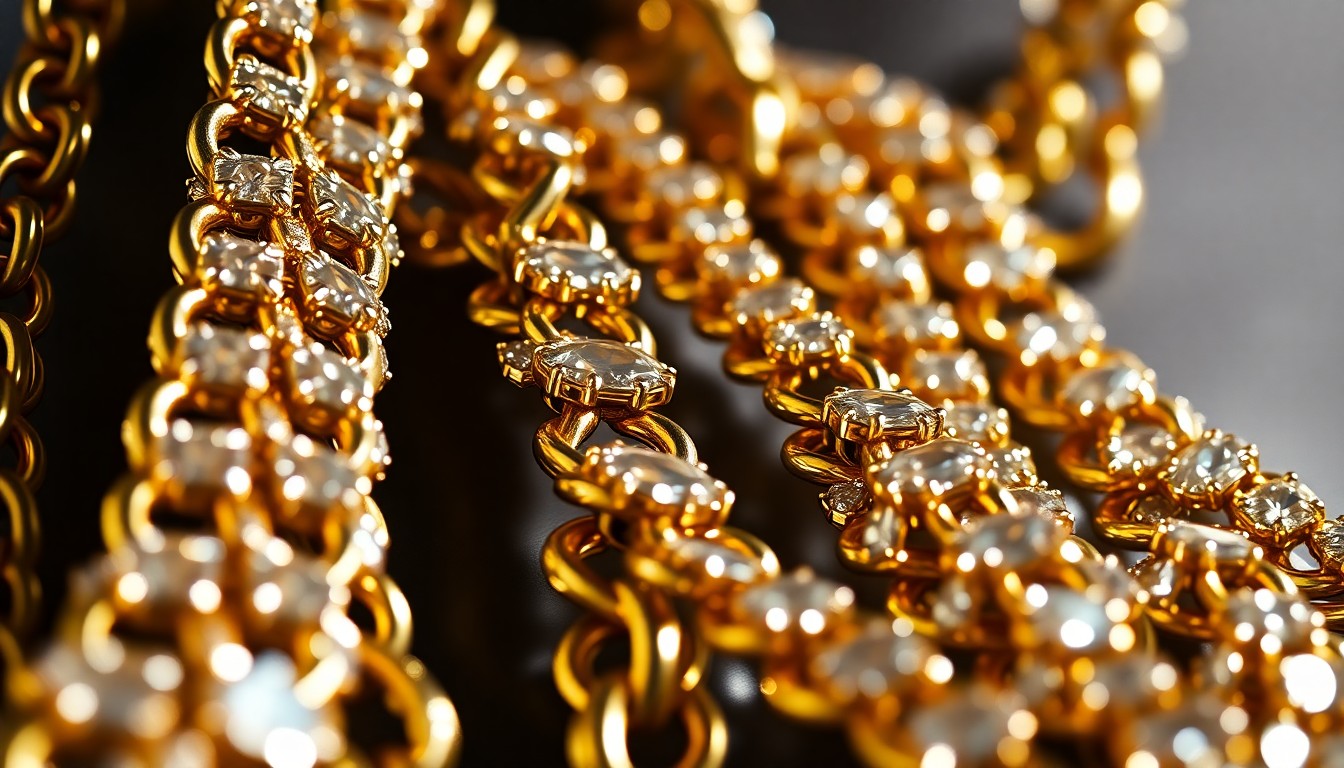 An extreme close-up photograph of shimmering gold chains and diamond-studded jewelry, using dramatic lighting to create a high-fashion, glamorous aesthetic without any text or identifiable objects.