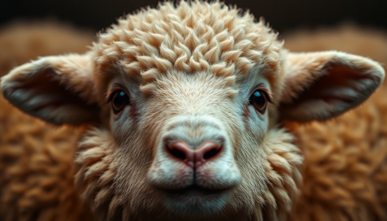 An abstract close-up photograph of a lamb's plush, textured fur in rich, earthy tones, using dramatic lighting to create a high-fashion, glamorous aesthetic.
