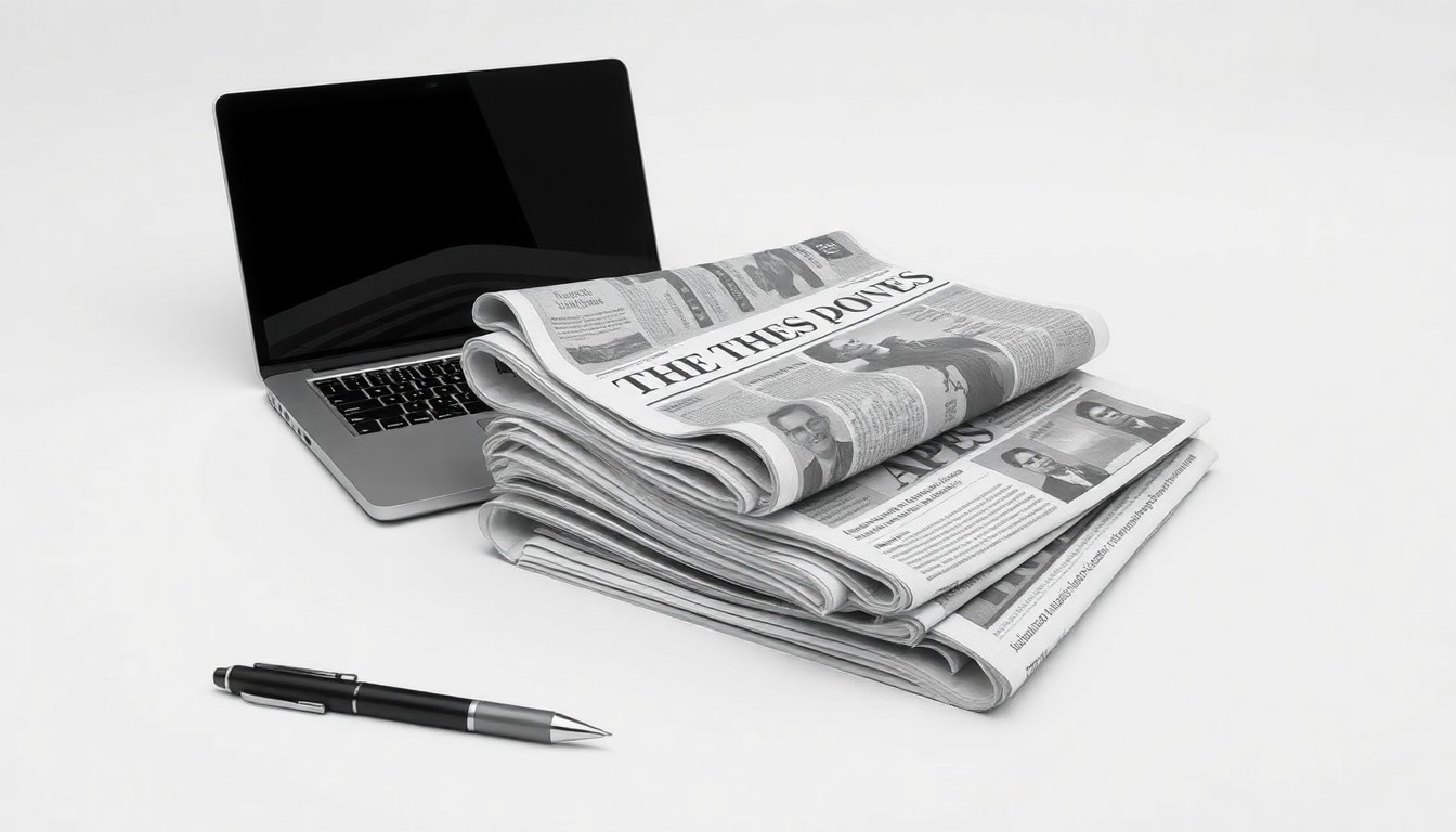 A photorealistic studio still life featuring a stack of newspapers, a laptop, and a pen on a clean, monochromatic background, symbolizing the Associated Press' transition away from its traditional newspaper-focused business model.