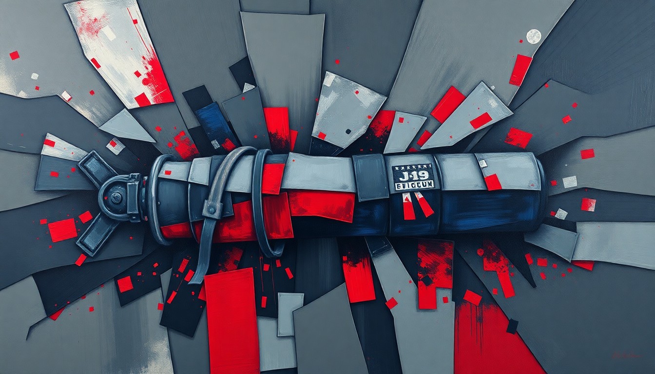 A surreal, fragmented painting depicting a pipe bomb in overlapping, geometric waves of dark grey, navy blue, and crimson red, conveying the chaotic and politically charged nature of the investigation.
