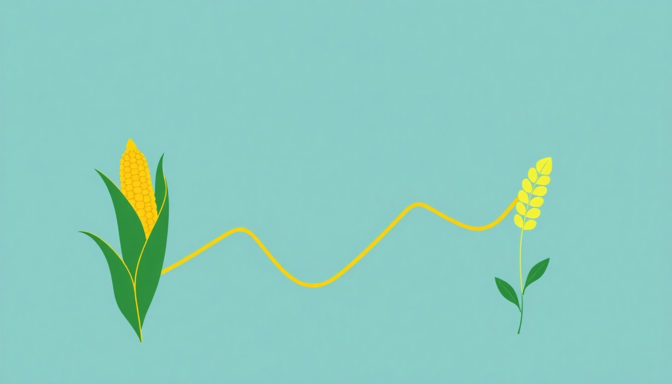A vibrant abstract illustration composed of overlapping triangles and circles in shades of yellow, green, and blue, conceptually representing the changing commodity prices in the local grain markets.