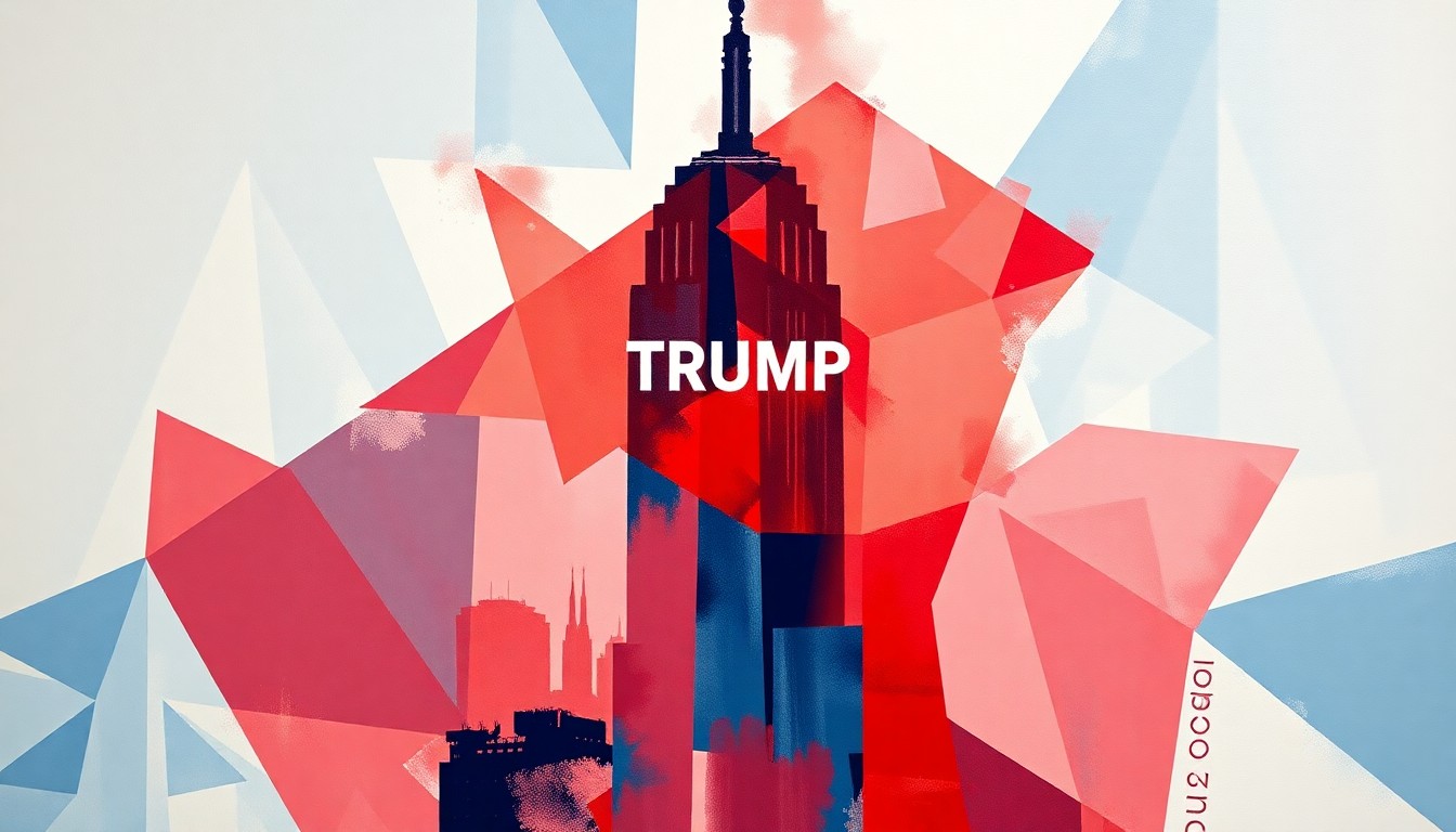 A dynamic, abstract painting in red, white, and blue hues depicting the silhouette of a tall skyscraper, conceptually representing the planned Trump presidential library in Miami.