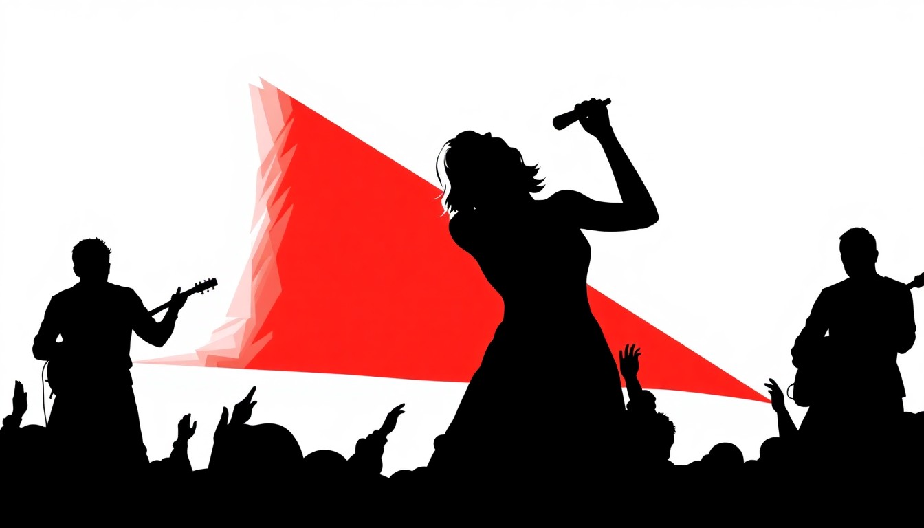 An abstract, minimalist illustration featuring sharp, geometric black silhouettes against a high-contrast red and white background, conceptually representing the bold, iconic imagery of Madonna's 'Like a Virgin' performance.