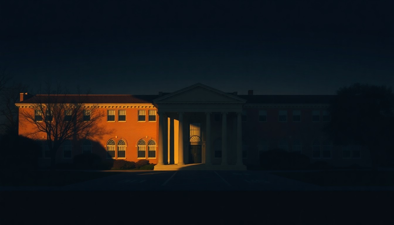 A serene, nostalgic painting of a university administration building in warm, golden light, conveying a sense of uncertainty and transition surrounding the leadership of the Wisconsin university system.