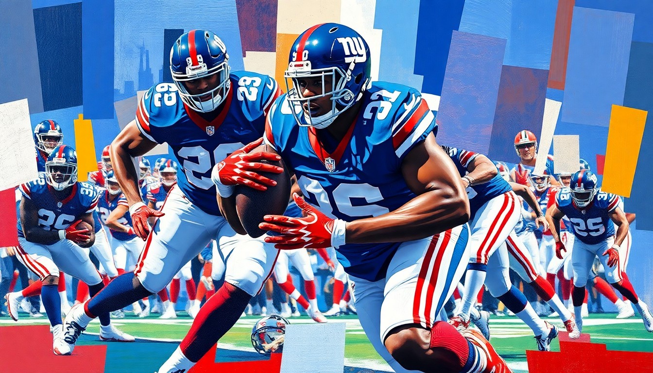 A cubist, geometric painting depicting the powerful movements and physicality of a defensive tackle, with overlapping planes of blue and red representing the New York Giants' uniform colors.