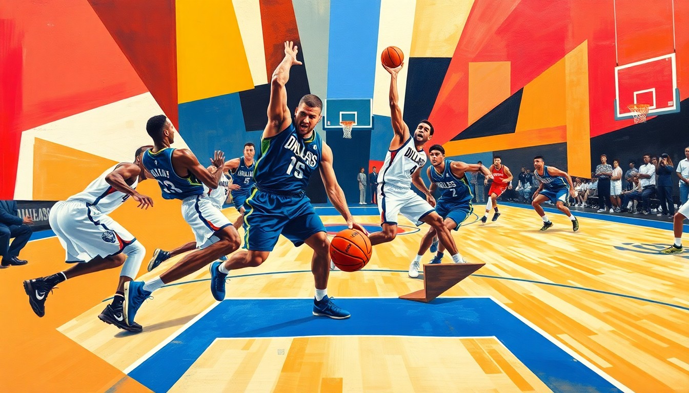 Lukisan geometri bercacah menggambarkan gerakan dinamis dan energi pertandingan bola basket, dengan bentuk pemain yang dipecah menjadi bentuk abstrak dan warna.