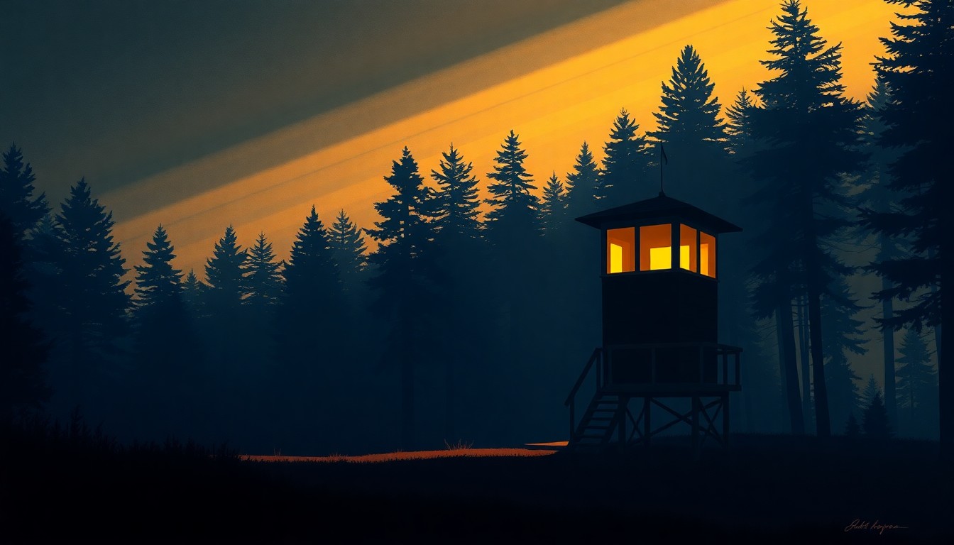 A serene, cinematic painting of a lone forest ranger station nestled among towering pine trees, the building's windows reflecting the warm glow of the setting sun, conceptually representing the tensions over federal land management policies.