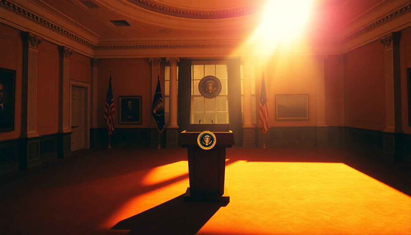 A cinematic painting of a solitary podium in the White House press room, with warm, diagonal sunlight and deep shadows creating a somber, reflective mood that captures the gravity of the Iran crisis.