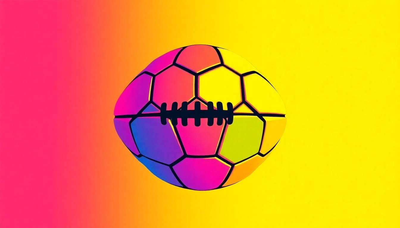A brightly colored, high-contrast silkscreen print of a football repeated in a tight grid pattern, using vibrant neon colors and heavy black outlines to create a modern pop art style illustration.